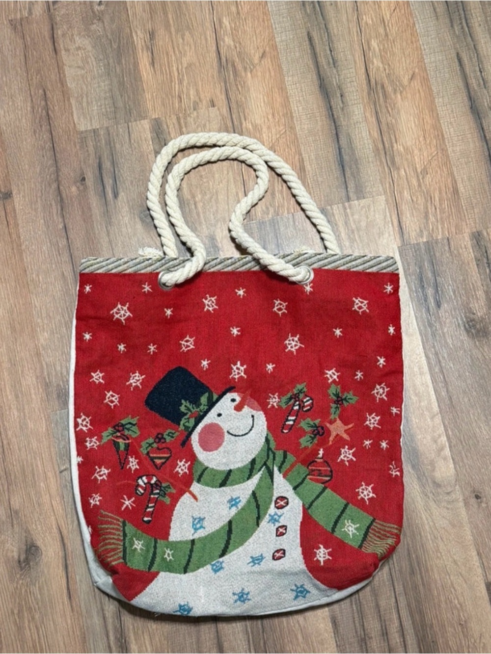 Festive Red Snowman Tote Bag with Rope Handles and Wallet